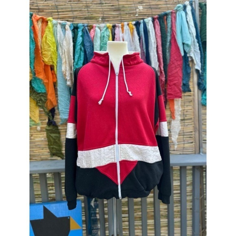 Vintage London Fog Colorblock Zip Hoodie Red‎ Black White L Made in Hong Kong